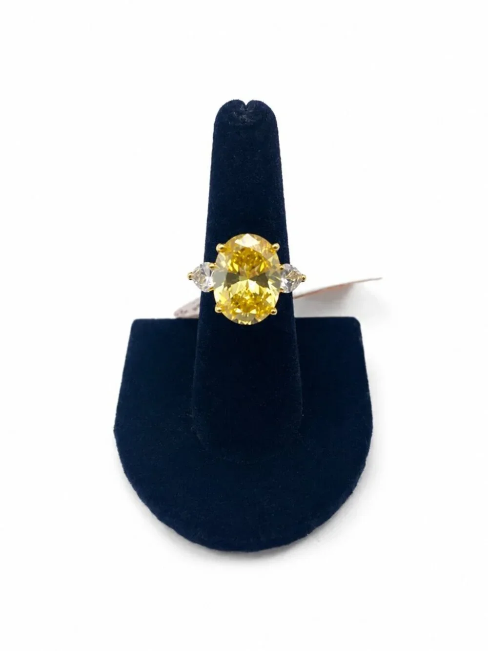 Gold Cake Ring Large Oval Canary Yellow CZ Crystal 925 Sterling Silver Size 8
